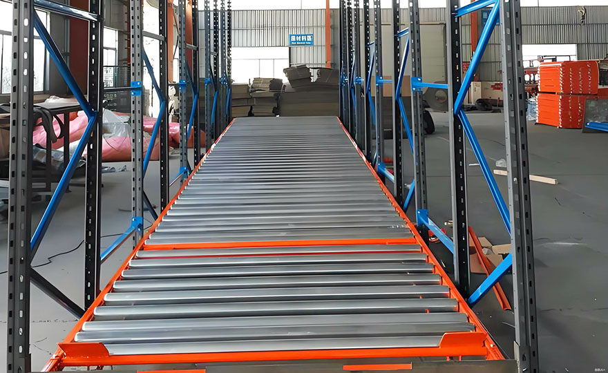 The design of gravity-type shelves can solve what problems in warehousing?