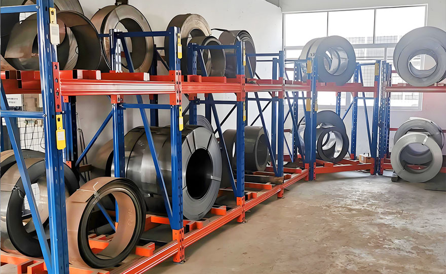 Factory large iron roll shelves, essential for storing heavy rolled goods