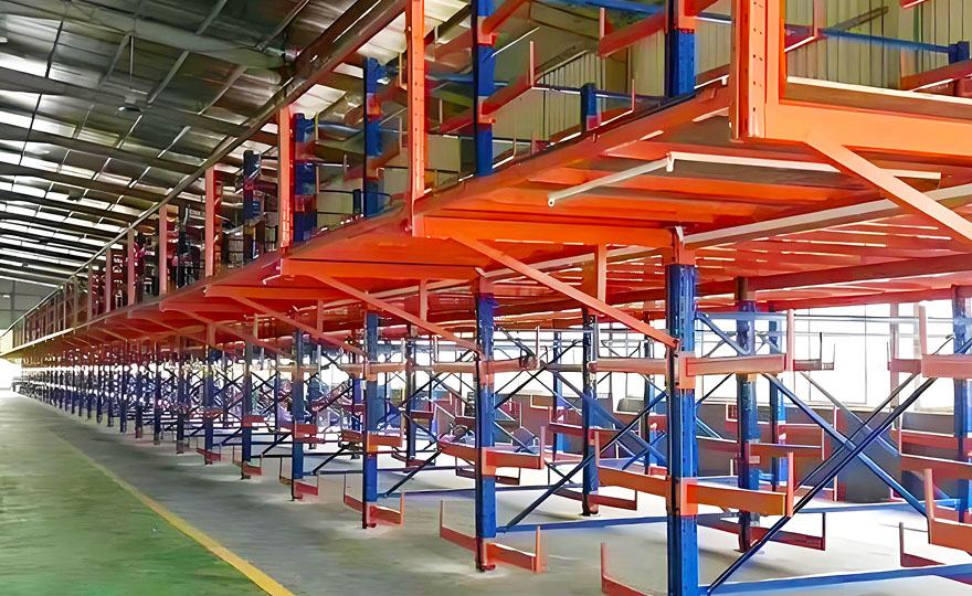 How can the roll materials stored in the cantilevered attic shelves be accessed?
