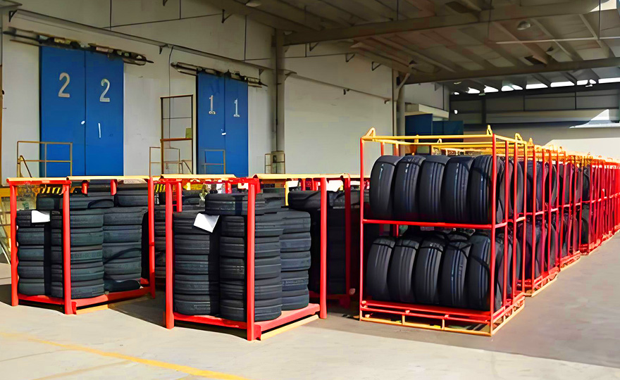 Which type of storage rack is suitable for storing warehouse tires and has a high storage capacity and low cost?